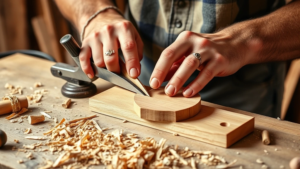 Skilled craftsperson working with wood tools on a wooden project, hands engaged in detailed woodworking, natural wood shavings, warm studio lighting