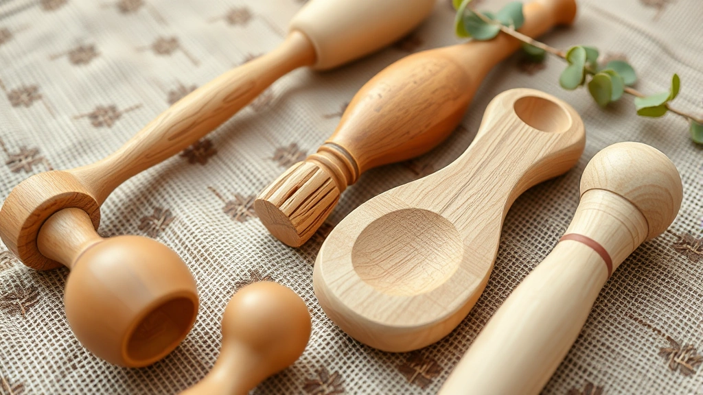 Close-up of wooden massage tools and gua sha implements arranged on natural fabric, therapeutic wooden instruments for bodywork, organic wellness aesthetic
