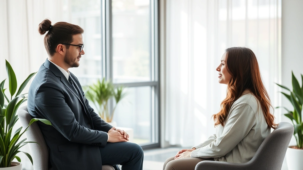 Professional therapist in modern office during consultation session with calm client, natural lighting, contemporary wellness environment, peaceful atmosphere, no visible text or screens