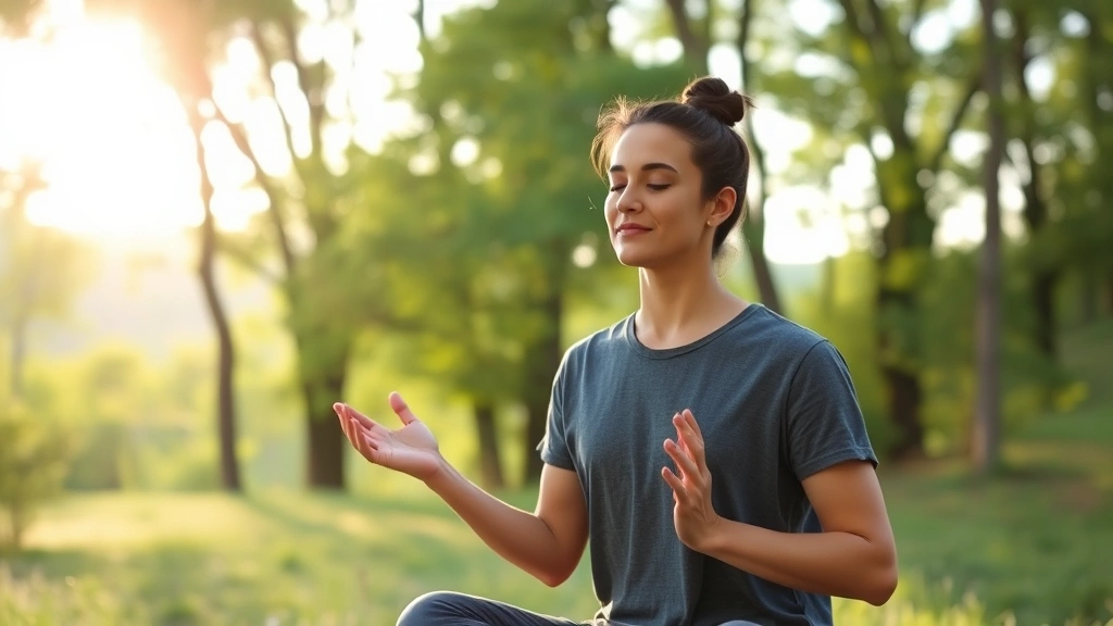 Person practicing guided meditation in serene natural setting with soft sunlight filtering through trees, mindful breathing posture, tranquil outdoor landscape, completely relaxed expression