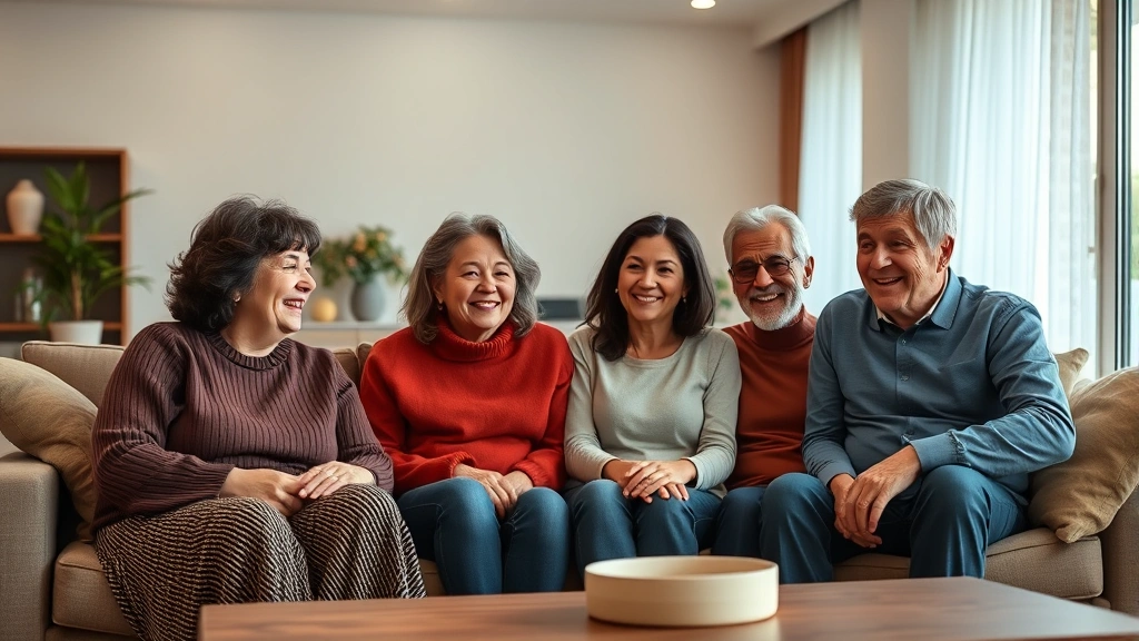 Diverse multigenerational family sitting together in comfortable modern living room, smiling naturally, warm lighting, candid moment of connection and conversation, photorealistic