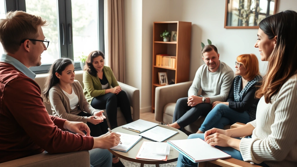 Professional therapist and family members in calm therapy office, having engaged discussion, notepads visible, warm comfortable atmosphere, natural window lighting, diverse family composition