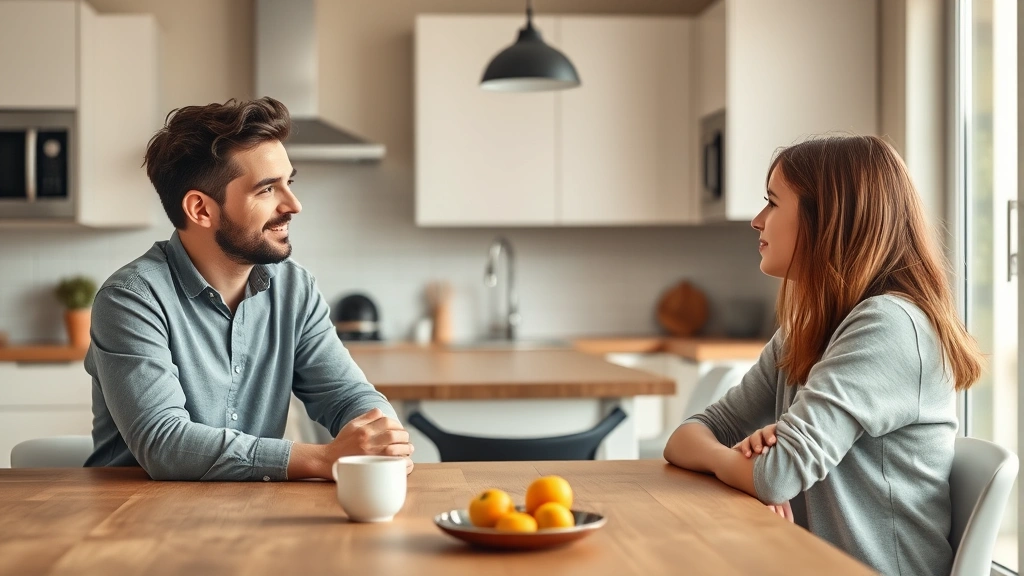 Parent and teenager having open honest conversation at kitchen table, relaxed body language, genuine emotional connection, modern home setting, warm natural lighting, photorealistic