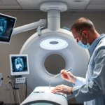 Interventional radiologist performing minimally invasive catheter procedure in modern medical imaging suite with advanced fluoroscopy equipment and monitoring systems, photorealistic medical setting