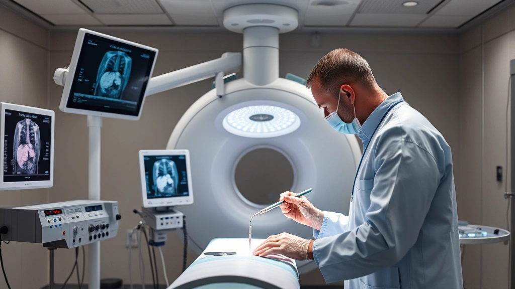 Interventional radiologist performing minimally invasive catheter procedure in modern medical imaging suite with advanced fluoroscopy equipment and monitoring systems, photorealistic medical setting