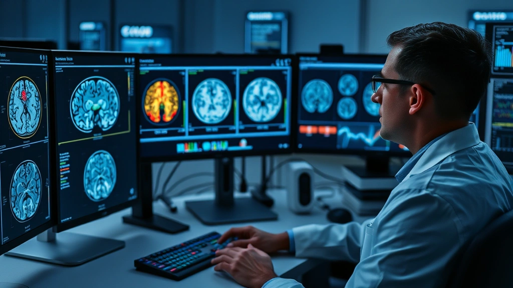 Neuroscientist analyzing brain imaging data including fMRI scans on computer workstation showing cerebral perfusion abnormalities, modern research laboratory environment with multiple displays