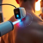 Close-up of advanced medical device delivering acoustic pulses to patient's shoulder, clinical setting with warm lighting, healthcare professional present