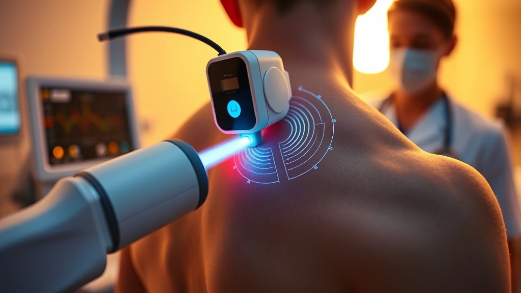Close-up of advanced medical device delivering acoustic pulses to patient's shoulder, clinical setting with warm lighting, healthcare professional present