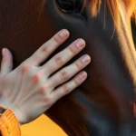 Close-up of a human hand gently touching a horse's neck, showing the moment of calm connection and trust between person and animal, warm lighting, peaceful expression, photorealistic