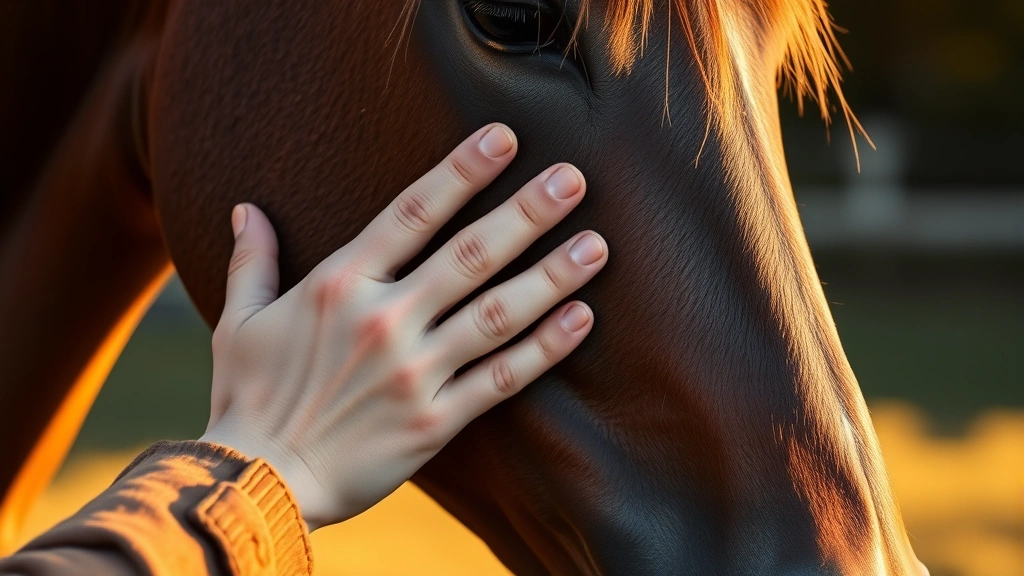 Close-up of a human hand gently touching a horse's neck, showing the moment of calm connection and trust between person and animal, warm lighting, peaceful expression, photorealistic