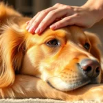 Golden retriever lying calmly next to a person's hand resting gently on its head, warm natural lighting, peaceful therapy environment, close-up of human-animal bond