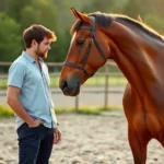A person in casual clothing standing beside a calm brown horse in a natural outdoor arena, both facing each other with relaxed body language, golden hour lighting, showing genuine human-animal connection and trust