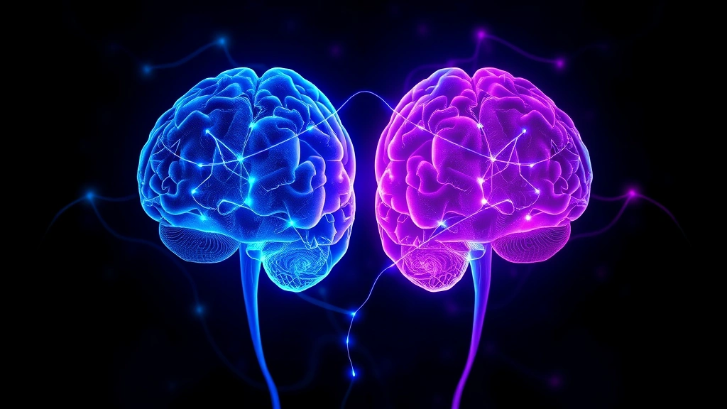 Abstract visualization of bilateral brain hemispheres with connecting neural pathways glowing in blue and purple light, representing information processing and neural integration during EMDR therapy