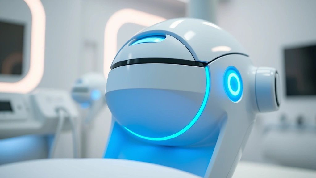 Close-up of modern EPAT therapy device with acoustic transducer head, glowing blue indicators, professional medical setting, clinical environment with soft lighting, futuristic technology aesthetic