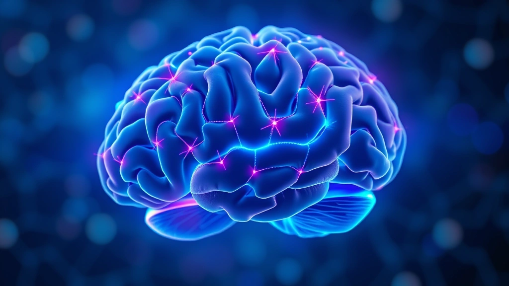 Brain illustration with neural connections glowing in blue and purple, representing neuroplasticity and BDNF production, modern scientific visualization style