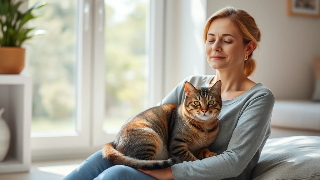 Woman sitting peacefully with tabby cat on her lap in bright sunlit room, serene expression, soft natural light streaming through window, cozy therapeutic setting