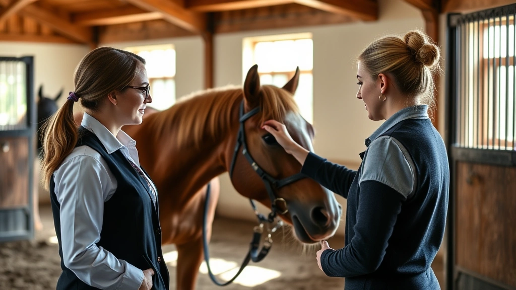 A licensed therapist in professional attire observing a client gently grooming a horse in a clean barn setting, natural daylight streaming through windows, depicting therapeutic supervision and safe equine interaction