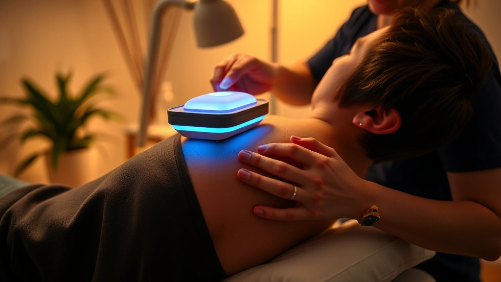 Person receiving EPAT therapy treatment on shoulder area, practitioner holding device, peaceful clinical room, warm lighting, patient in relaxed position showing comfort and relief
