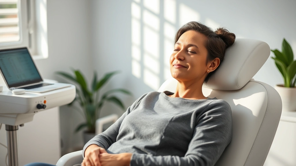 Peaceful patient sitting in medical chair with serene expression, receiving non-invasive therapy treatment, professional wellness environment with soft natural light