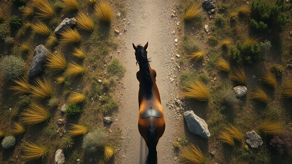 Overhead view of a person and horse walking together through a natural landscape, showing movement and partnership, soft natural lighting, conveying healing journey and progress, photorealistic