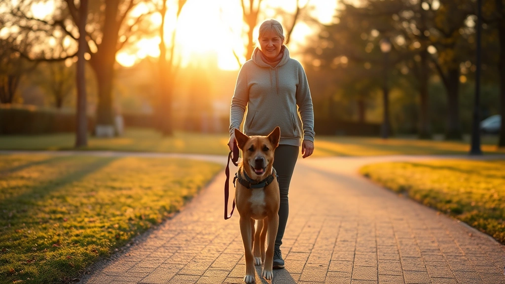 Person walking with service dog in park during golden hour, both appearing calm and connected, natural outdoor healing environment, warm sunlight, peaceful atmosphere