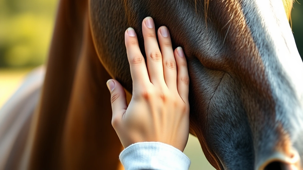Close-up of a person's hand stroking a horse's neck, showing emotional connection and mindfulness, soft natural lighting, peaceful expression on person's face, demonstrating the calming tactile benefits of equine therapy