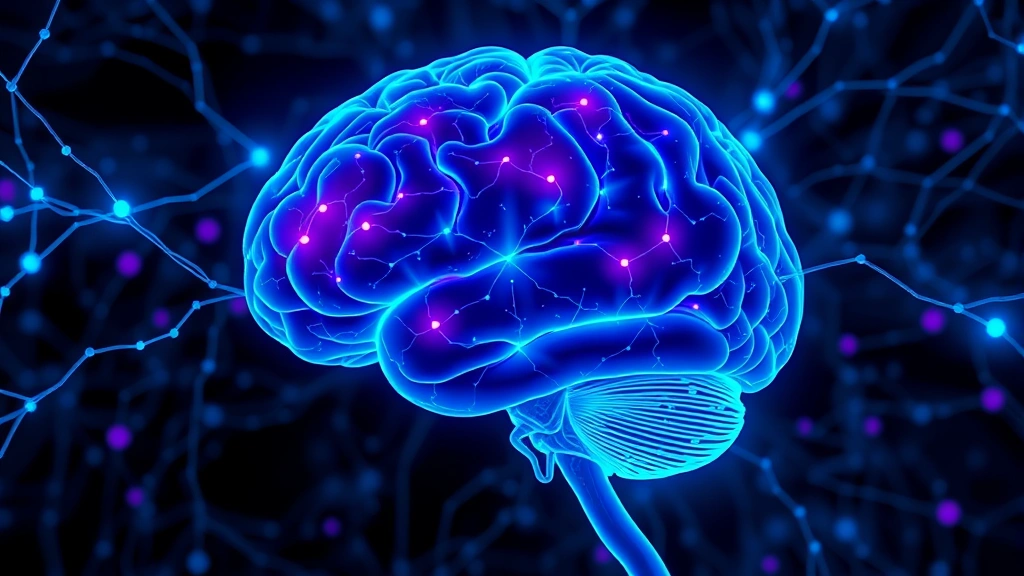 Brain neural network visualization with highlighted anxiety-related regions, blue and purple glowing pathways, abstract neurobiology representation, scientific illustration style, no text elements