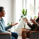 A diverse therapist and patient sitting in a modern, calming therapy office with natural light, the therapist gesturing expressively during an explanation, both appearing engaged and positive, professional therapeutic environment with minimalist decor and plants