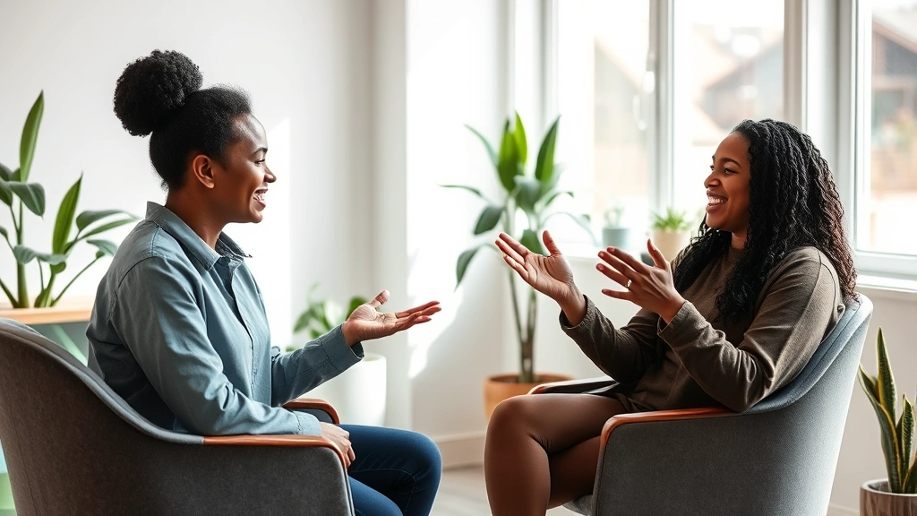 A diverse therapist and patient sitting in a modern, calming therapy office with natural light, the therapist gesturing expressively during an explanation, both appearing engaged and positive, professional therapeutic environment with minimalist decor and plants
