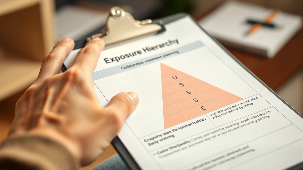 Close-up of a therapist's hand pointing to an exposure hierarchy worksheet on a clipboard with graduated steps written out, showing collaborative treatment planning, warm office lighting, professional mental health documentation