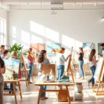 A diverse group of people in a bright, welcoming art studio creating paintings and sculptures on easels and tables, natural light streaming through large windows, peaceful and supportive atmosphere, vibrant colors, no text visible