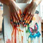 A serene art therapy studio with soft natural lighting, featuring a person with their hands covered in vibrant acrylic paint working on a large canvas, showing authentic emotional expression and creative flow in a therapeutic environment