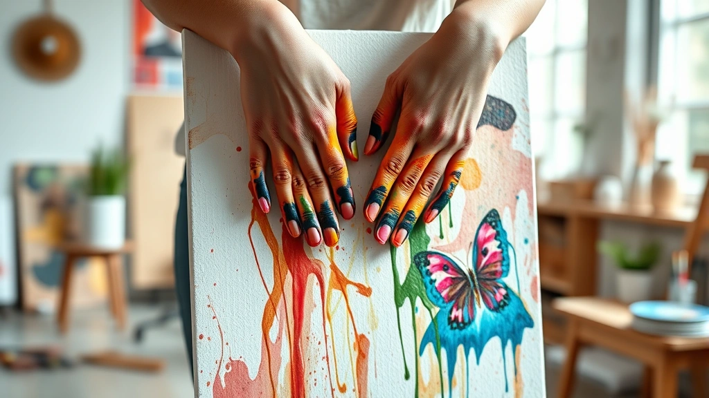 A serene art therapy studio with soft natural lighting, featuring a person with their hands covered in vibrant acrylic paint working on a large canvas, showing authentic emotional expression and creative flow in a therapeutic environment