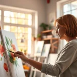 Person painting with watercolors in a bright studio, focused and peaceful expression, warm natural lighting through large windows, vibrant colors on canvas, hands in motion with brush