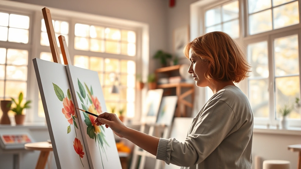 Person painting with watercolors in a bright studio, focused and peaceful expression, warm natural lighting through large windows, vibrant colors on canvas, hands in motion with brush