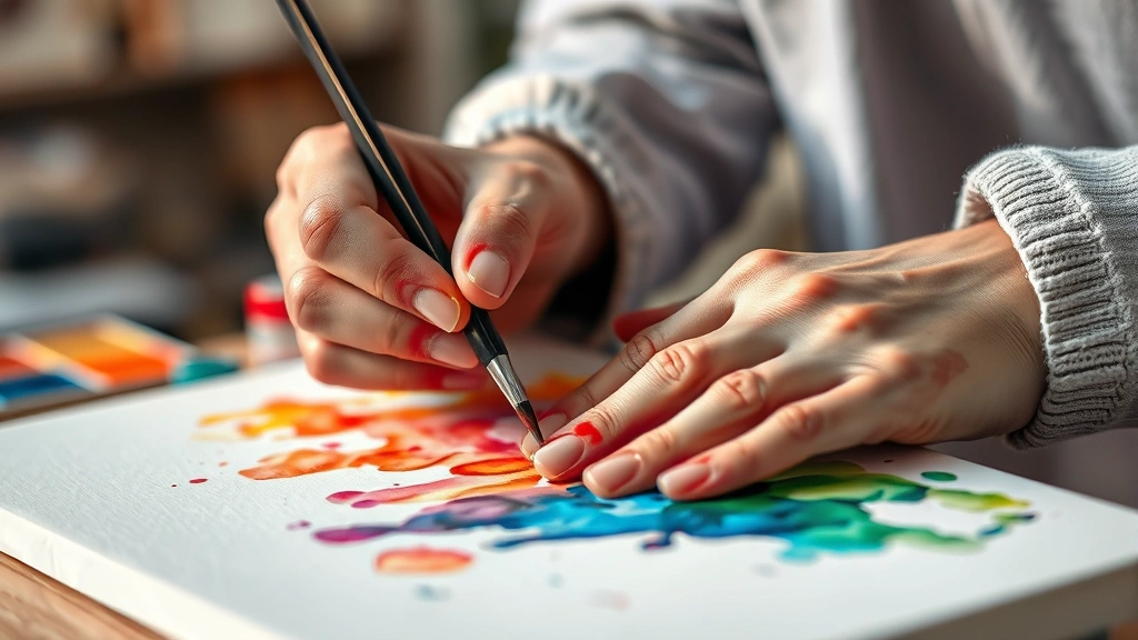 Close-up of hands painting on canvas with vibrant watercolors, warm studio lighting, focused creative expression, paint-stained fingers