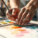 Close-up of hands mixing vibrant watercolor paints on palette, soft natural light illuminating creative workspace with art supplies, serene artistic atmosphere
