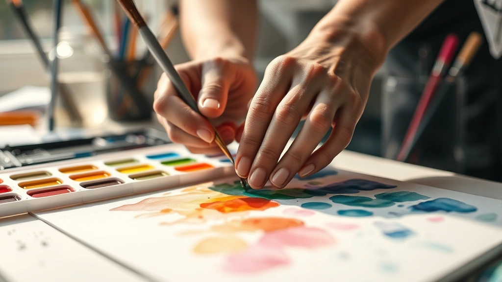 Close-up of hands mixing vibrant watercolor paints on palette, soft natural light illuminating creative workspace with art supplies, serene artistic atmosphere