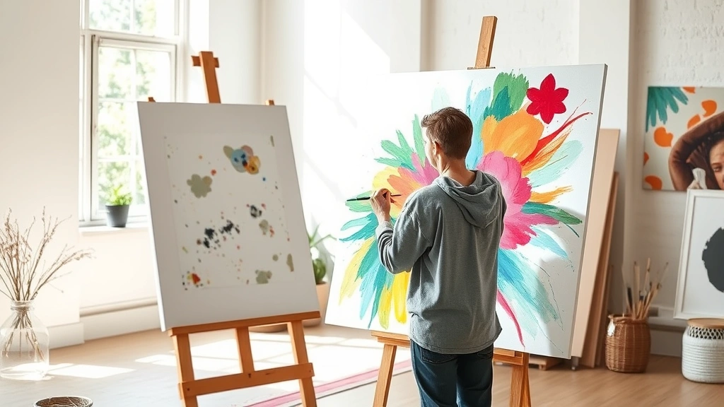Person painting on large canvas in bright studio, abstract colorful brushstrokes, peaceful focused expression, natural light streaming through windows, therapeutic art environment