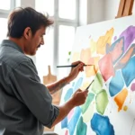 Person painting on large canvas with vibrant watercolors in bright studio with natural light streaming through windows, hands covered in paint, focused expression, diverse artist at work