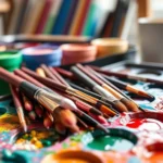 Close-up of colorful paint brushes and vibrant acrylic paints in artist's palette, natural studio lighting, artistic workspace