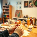 Professional art therapy studio with warm lighting, diverse art materials including paint, clay, and colored pencils arranged on a wooden table, soft neutral background, person's hands working with clay in foreground, peaceful and welcoming atmosphere