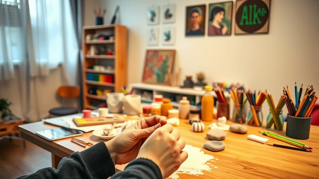 Professional art therapy studio with warm lighting, diverse art materials including paint, clay, and colored pencils arranged on a wooden table, soft neutral background, person's hands working with clay in foreground, peaceful and welcoming atmosphere