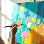 Person painting on canvas with vibrant colors, focused peaceful expression, natural studio lighting, soft brushstrokes creating abstract emotional artwork, warm inviting atmosphere
