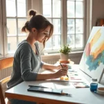 A person sitting at an art studio table painting with watercolors, natural light streaming through large windows, paintbrushes in water cup, canvas showing abstract emotional colors, peaceful focused expression, warm studio environment with art supplies organized nearby
