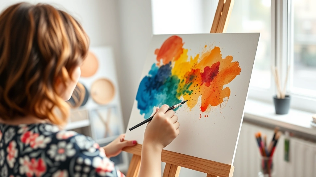 Person painting with watercolors on canvas in bright studio, colorful abstract brushstrokes, natural light from window, hands creating art, peaceful expression