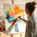 Person painting on large canvas in bright, natural-lit art studio, abstract colorful brushstrokes, therapeutic peaceful atmosphere, warm lighting, no visible text or letters on canvas