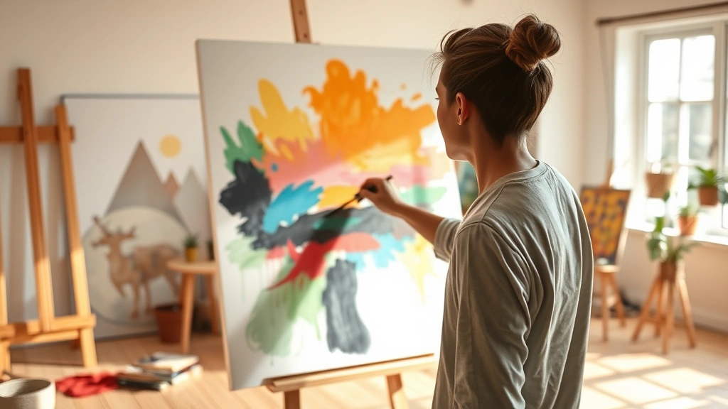 Person painting on large canvas in bright, natural-lit art studio, abstract colorful brushstrokes, therapeutic peaceful atmosphere, warm lighting, no visible text or letters on canvas