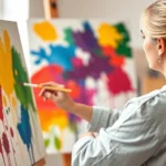 Person painting with vibrant colors on canvas in bright studio, focused creative expression, natural lighting, artistic medium visible, therapeutic setting