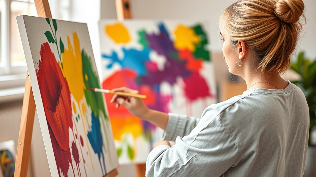 Person painting with vibrant colors on canvas in bright studio, focused creative expression, natural lighting, artistic medium visible, therapeutic setting